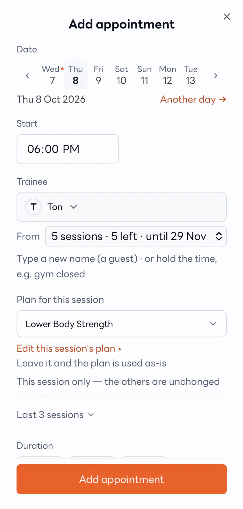 Booking a session: trainee, time, plan and the package it draws on